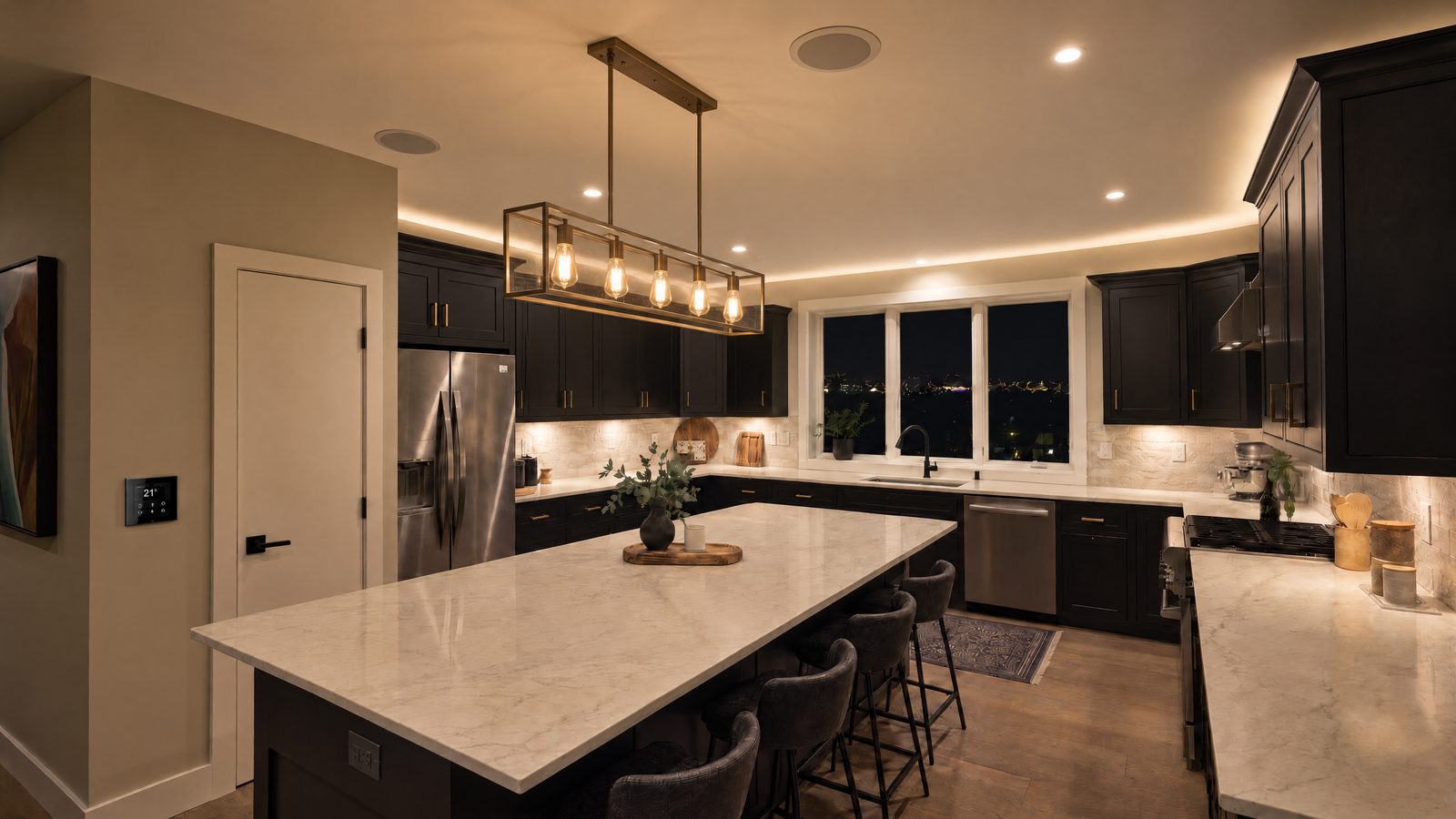 Same kitchen after: cove lighting, a brass pendant over the island, in-ceiling speakers and a smart keypad