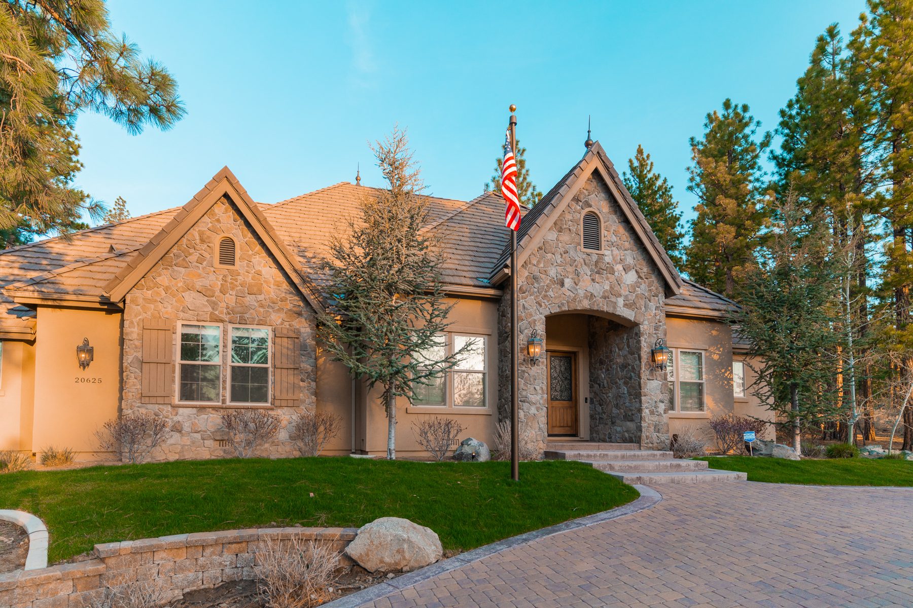 Tahoe home with exterior lighting