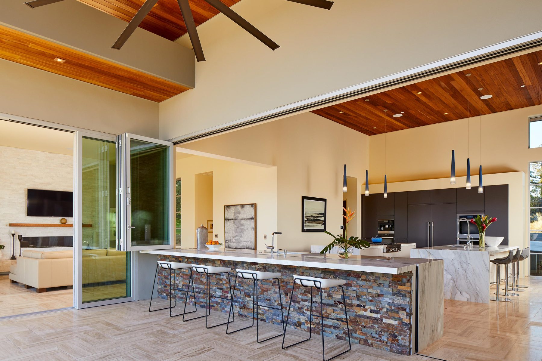 Kitchen with pendant lighting and lighting control